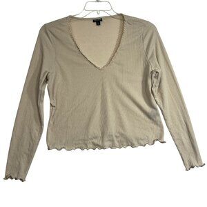 Torrid Beige Ribbed Long-Sleeve V-Neck Top w/ Lettuce Hem Trim Womens Size 0/L